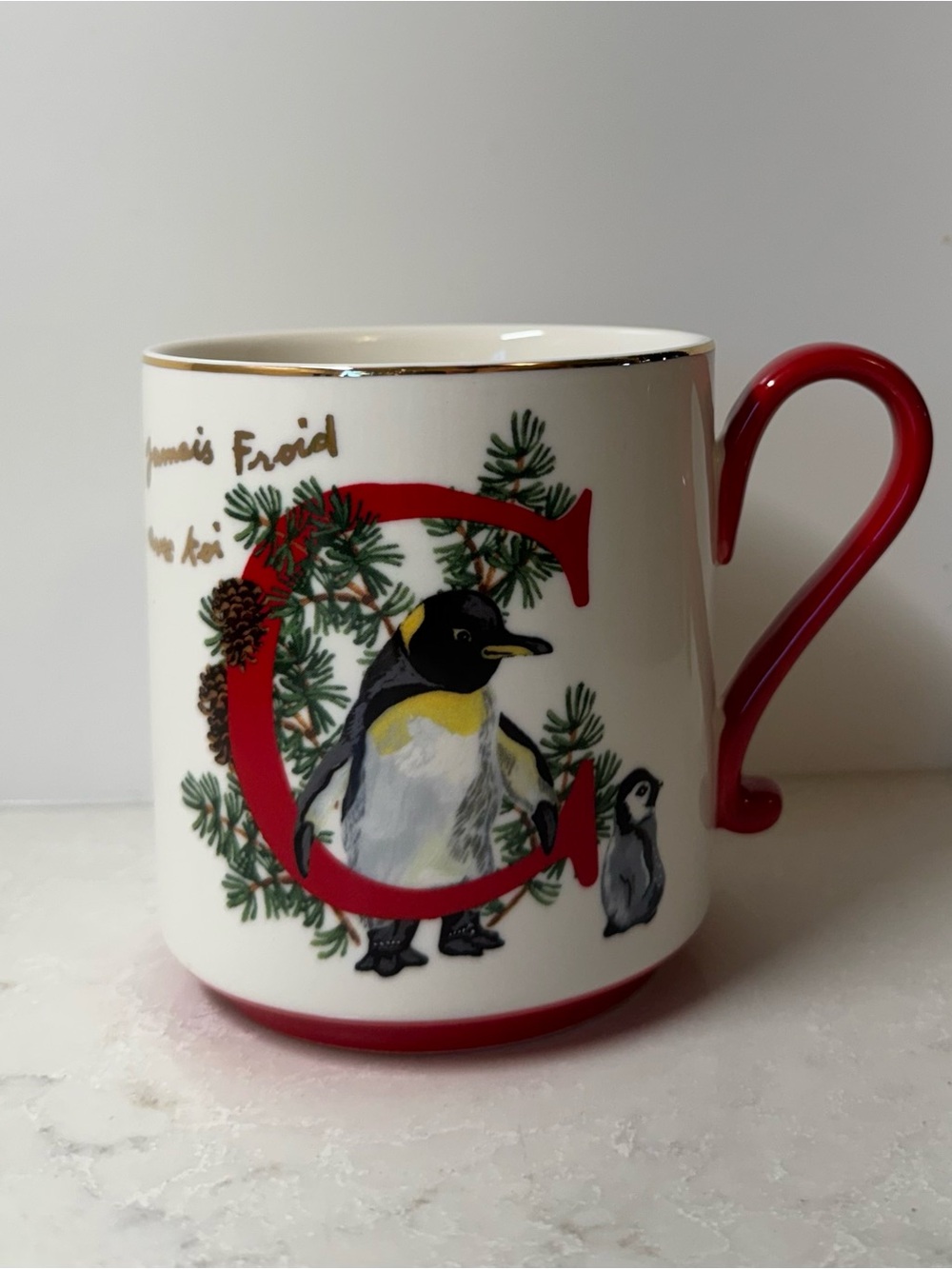 Anthropology Holiday “C” Festive Mug By Nathalie Lete 13.5 Oz W/Penguin